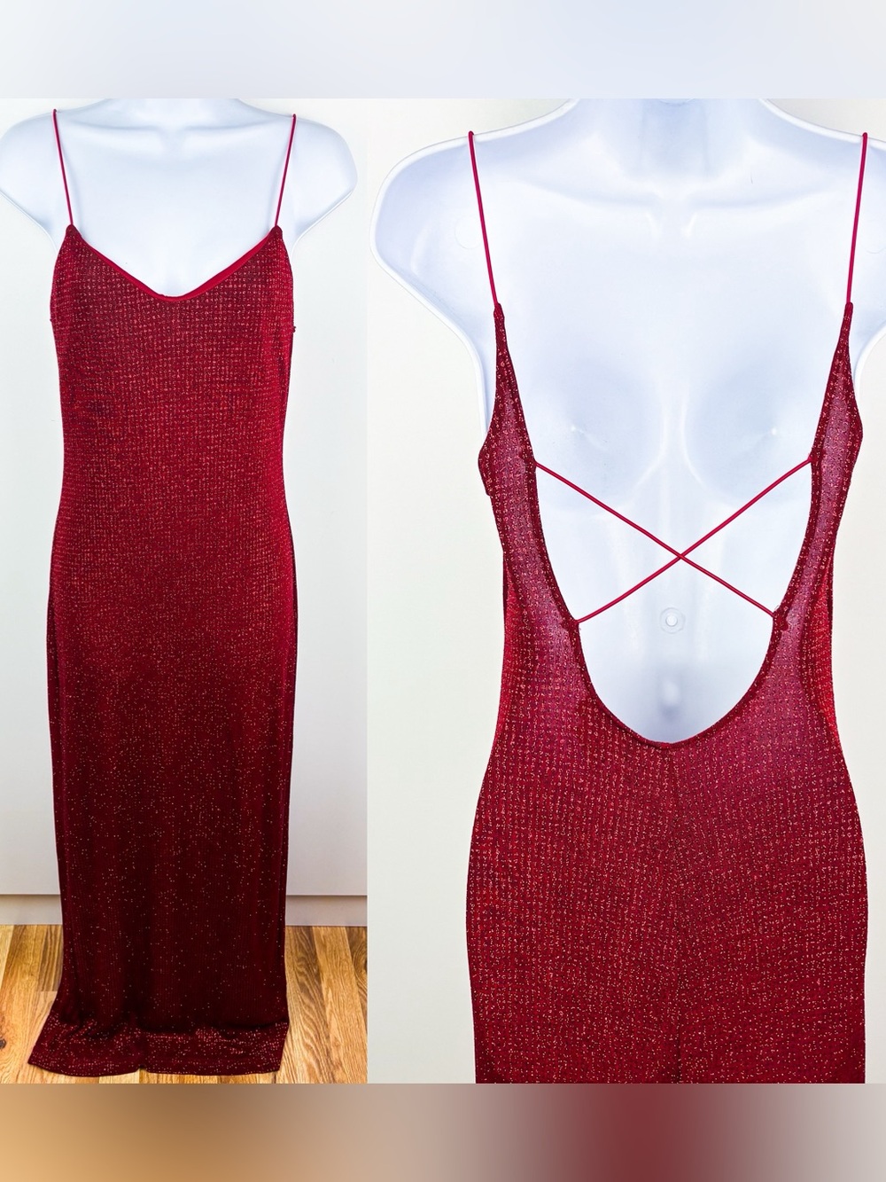 Y2K Vintage Red Glitter Formal Evening Open Back Stretch Cocktail Gown Dress